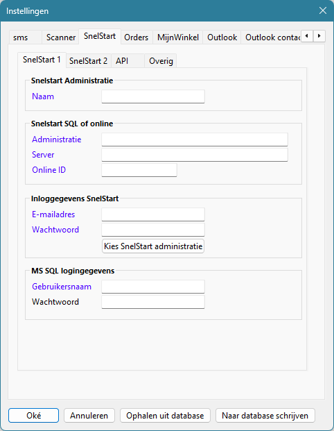 De SnelStart-instellingen in Alexion CRM: de naam van de administratie, SnelStart SQL of online, en de knop Kies SnelStart administratie bij de inloggegevens.